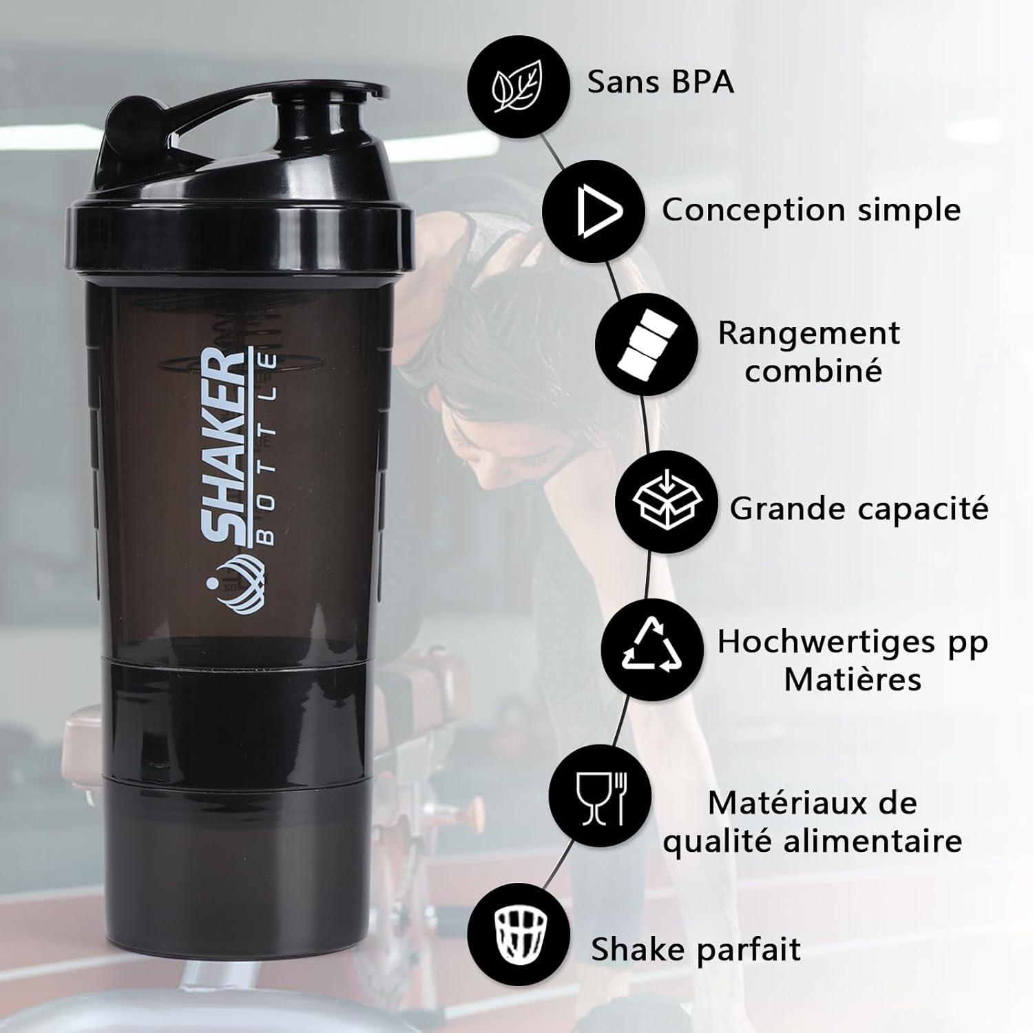 Protein Shaker 500ml Auslaufsicher Sport Shake Flasche Schwarz