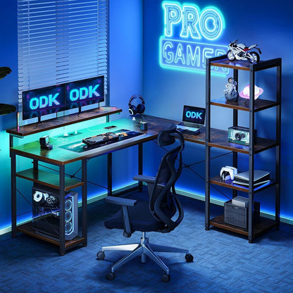 Bürotisch Gaming Tisch Vintage Braun LED USB Eckschreibtisch