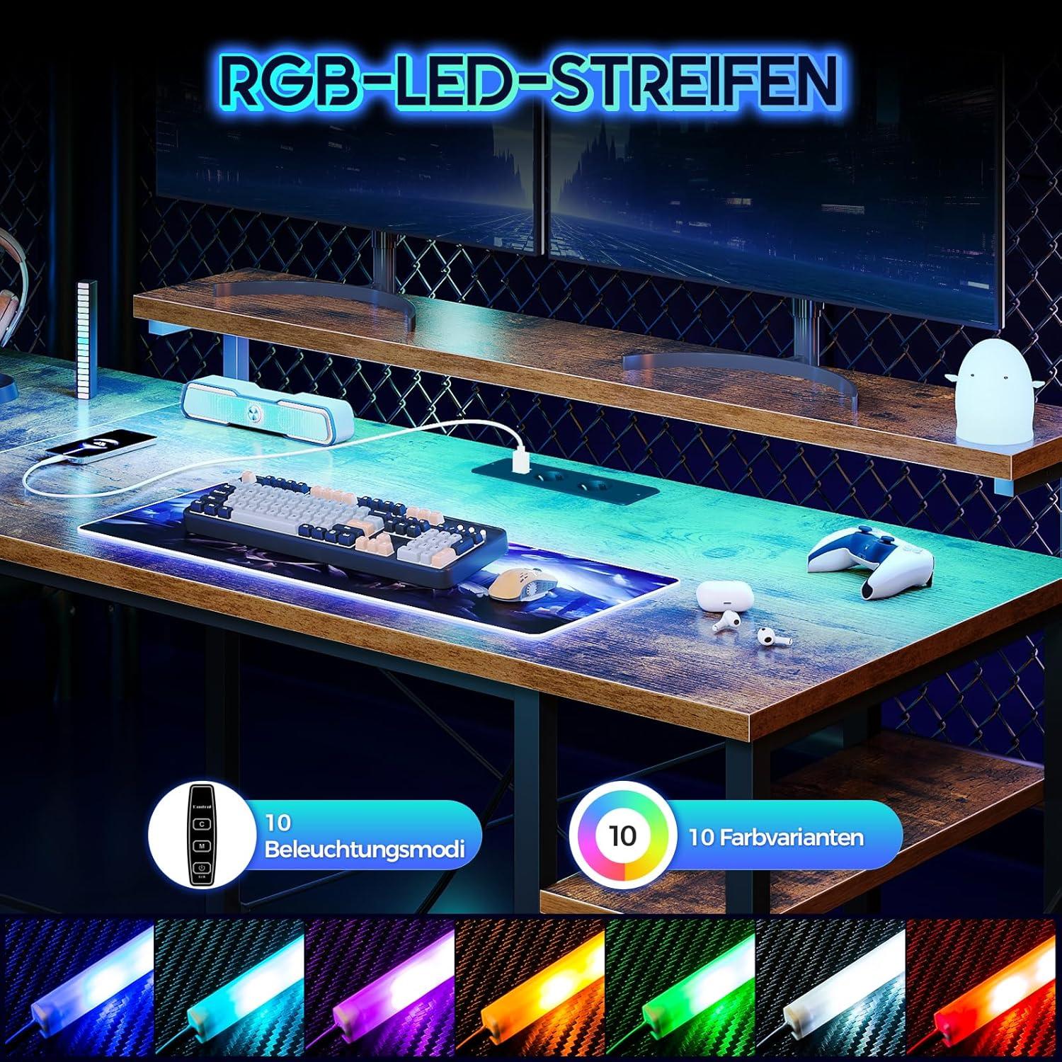 Bürotisch Gaming Tisch Vintage Braun 137x140cm L-Form LED USB Ablagen Monitorständer