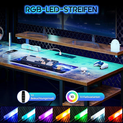 Bürotisch Gaming Tisch Vintage Braun 137x140cm L-Form LED USB Ablagen Monitorständer