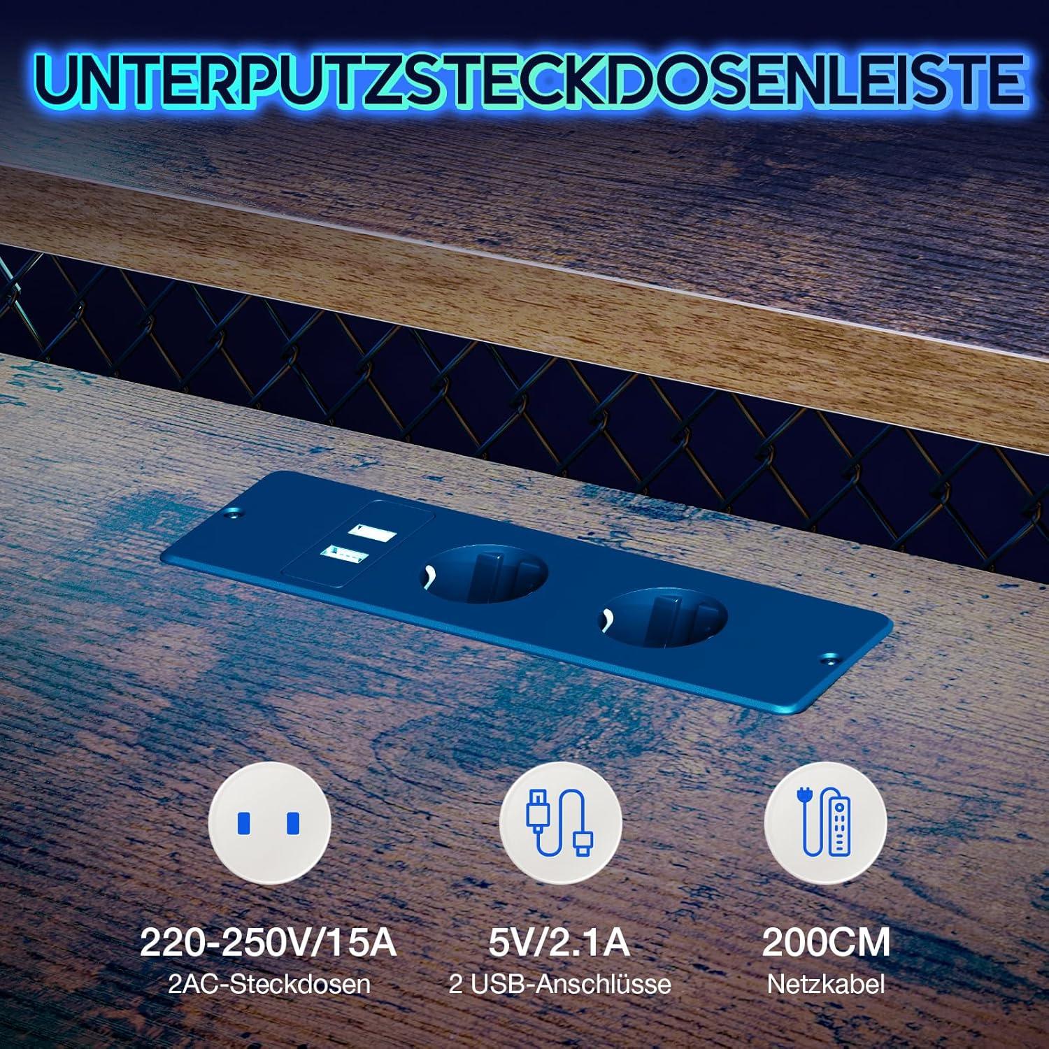 Bürotisch Gaming Tisch Vintage Braun 137x140cm LED USB Ablagen