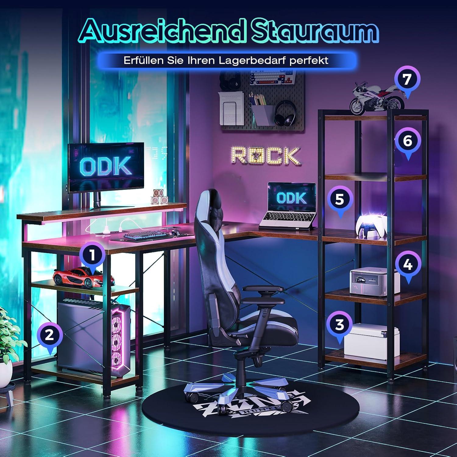 Bürotisch Gaming Tisch LED Vintage Braun 137x140cm Eckschreibtisch