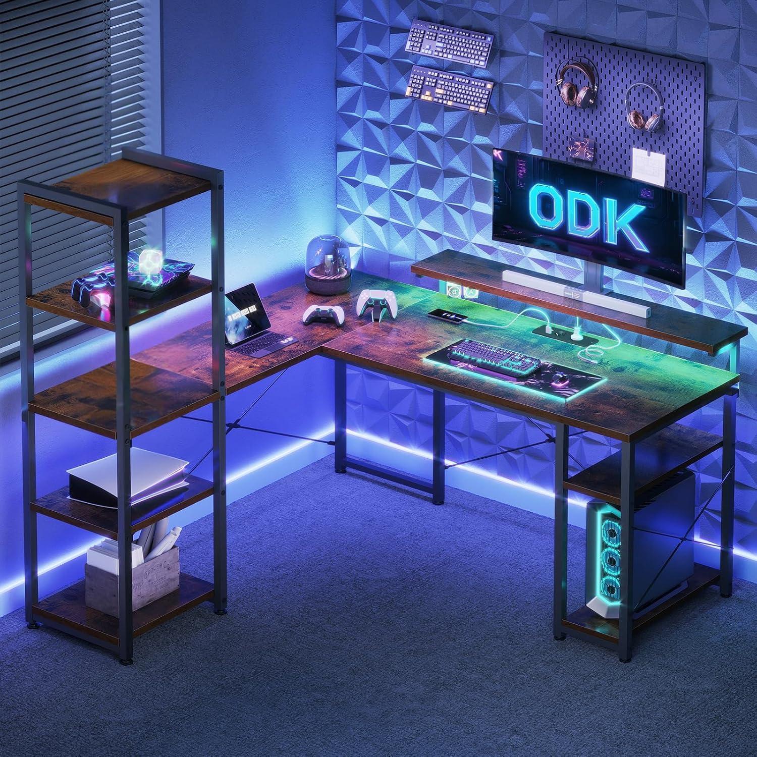Bürotisch Gaming Tisch Vintage Braun 137x140cm LED USB Ablagen