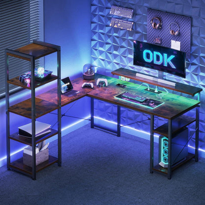 Bürotisch Gaming Tisch Vintage Braun 137x140cm LED USB Ablagen