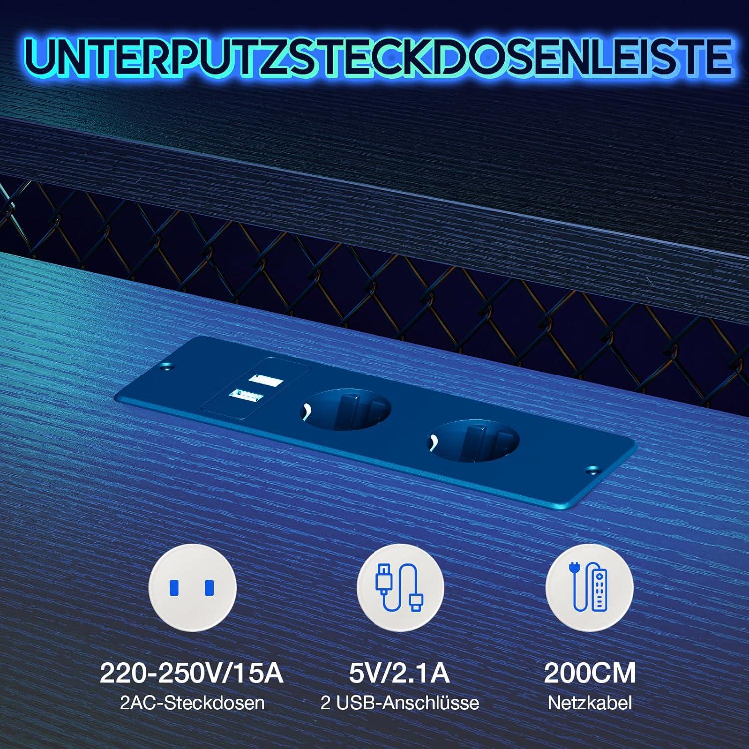 Gaming Tisch LED Ecke L-Form 155x140cm Schwarz Monitorhalter