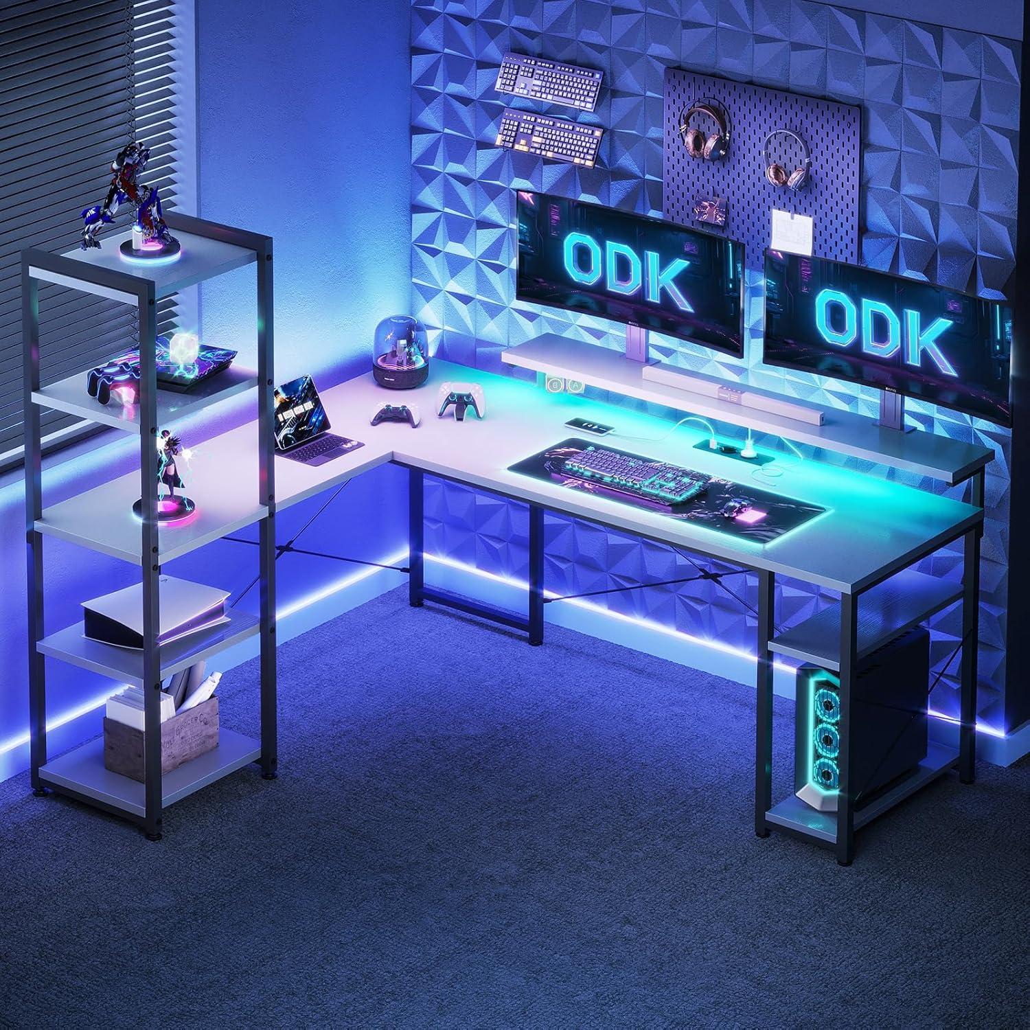 ODK L-Form LED Gaming Schreibtisch 155x140cm Steckdosen USB