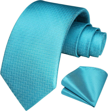 Herren Krawatte Einstecktuch Plaid Aqua Blau Hochzeit Set