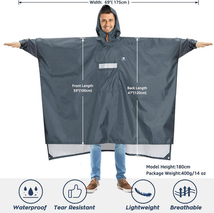 Leichter Wasserdichter Regenponcho mit Ärmeln und Kapuze Grau