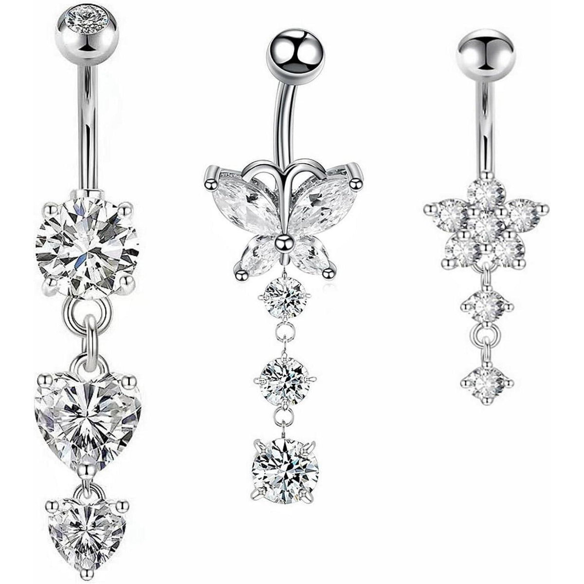 Bauchnabelpiercing 3er Set, Hypoallergener Edelstahl, Silber