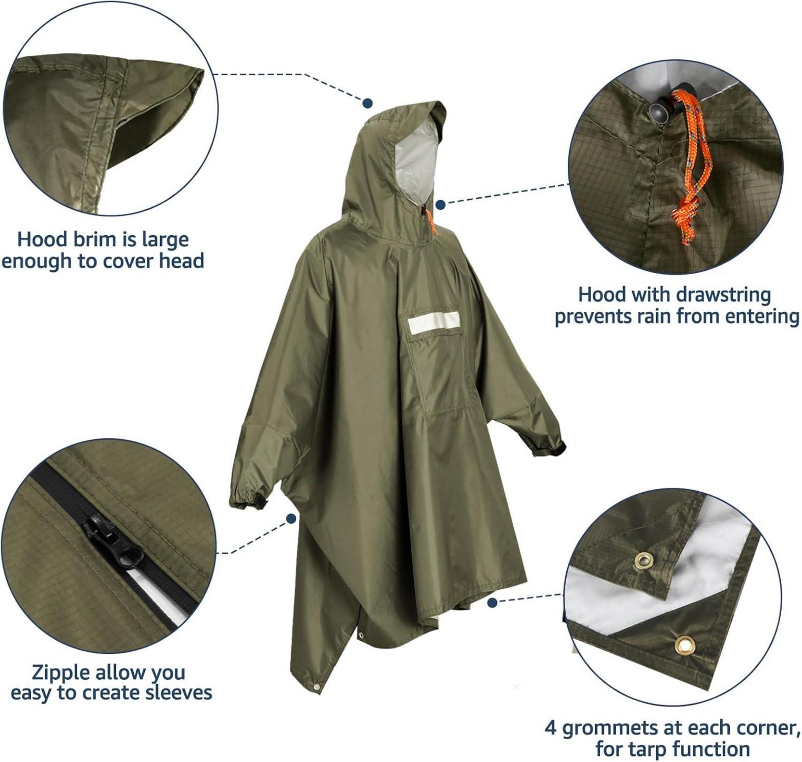 ANYOO Leichter Wasserdichter Regenponcho mit Reflektoren, Packbar, Einheitsgröße, Armee Grün