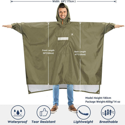 Leichter Wasserdichter Regenponcho mit Ärmeln Kapuze Belüftet Outdoor