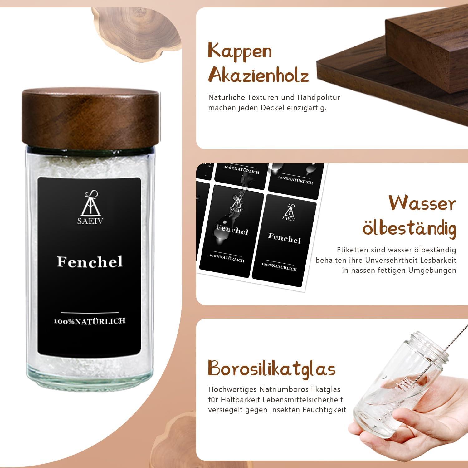 Gewürzdosen Set Akazienholz Glas 12 Gewürzetiketten 100ml