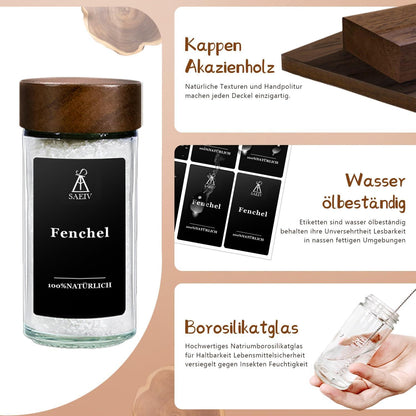 Gewürzdosen Set Akazienholz Glas 12 Gewürzetiketten 100ml