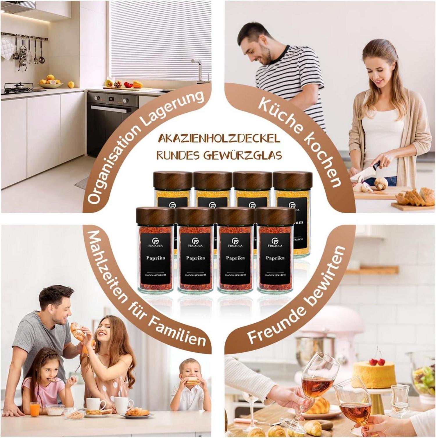 SAEIV Gewürzgläser aus Akazienholz -Set mit 180 Gewürzetiketten | 12 Gewürzdosen | Küchenorganizer 100ml