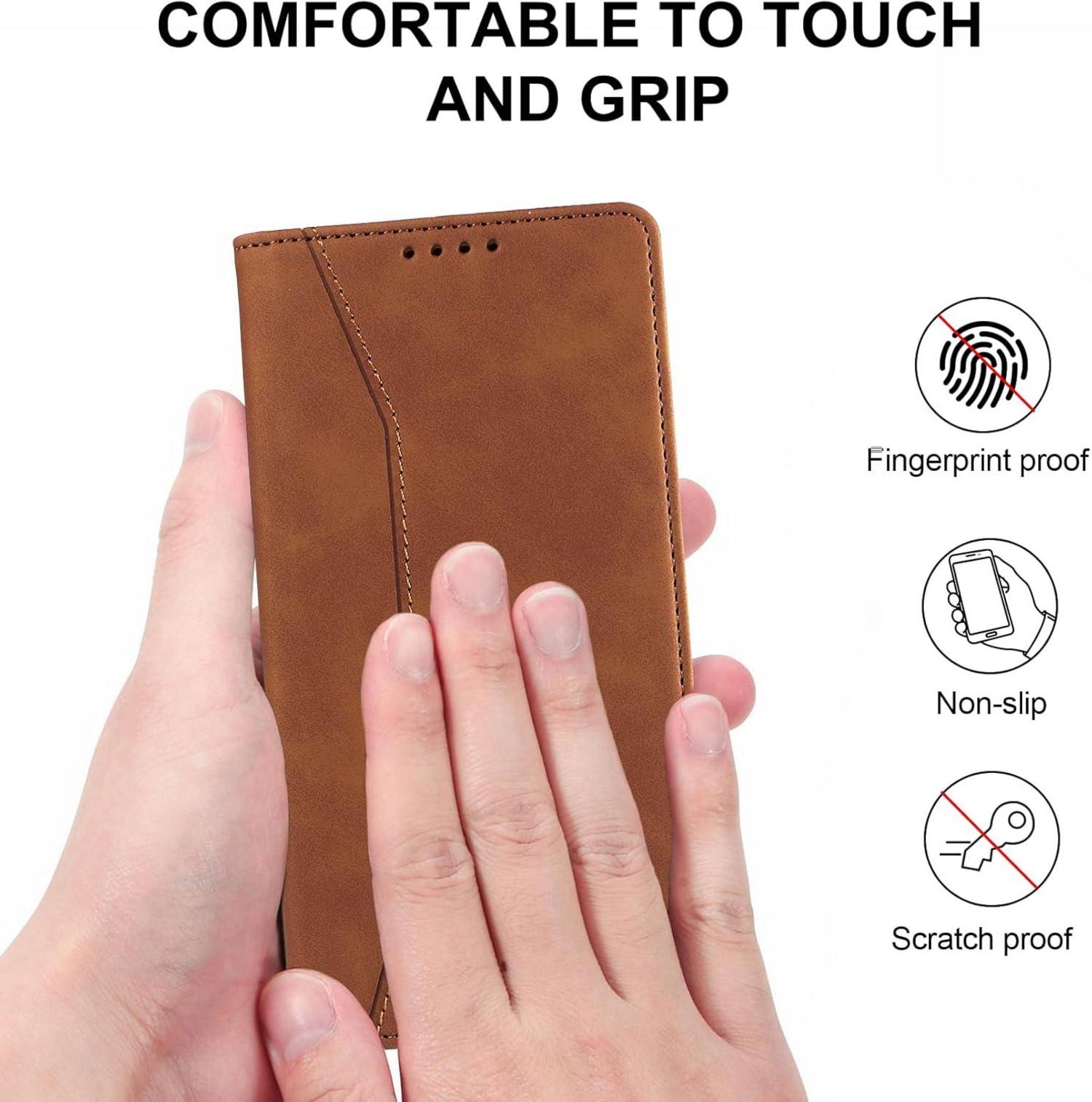 Samsung Galaxy A55 5G Handyhülle Panzerfolie Leder RFID Magnet Flip Case Braun