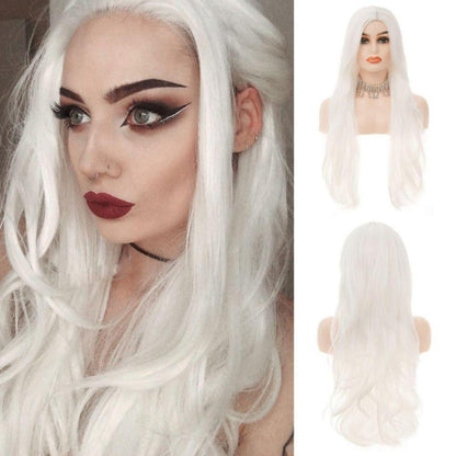 Weiße Lange Wellige Perücke Damen Synthetik Cosplay Perücke mit Cap