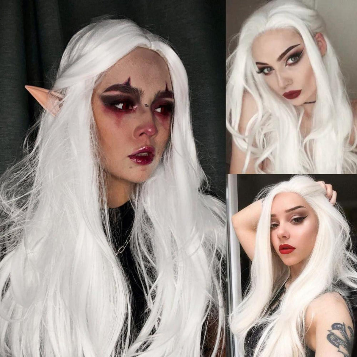 Weiße Lange Wellige Perücke Damen Synthetik Cosplay Perücke mit Cap