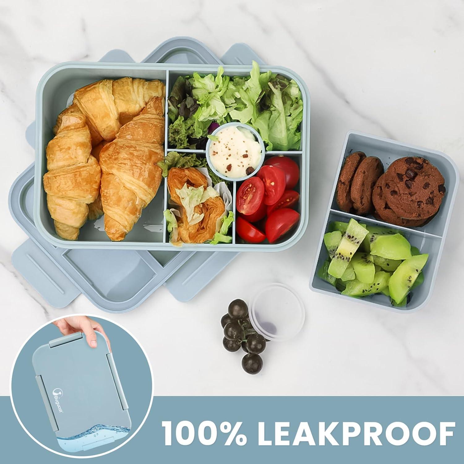 Bugucat Brotdose Kinder 1300ML mit 5 Fächern und Besteckset Blau