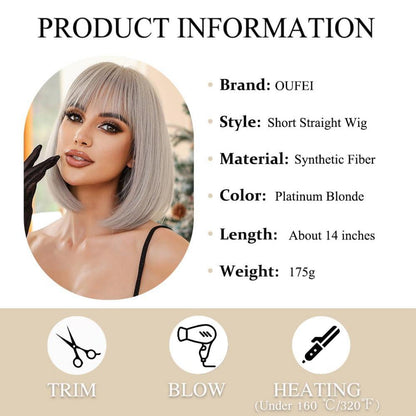 Platinblond Bob Perücke mit Pony Kurz Synthetisches Haar für