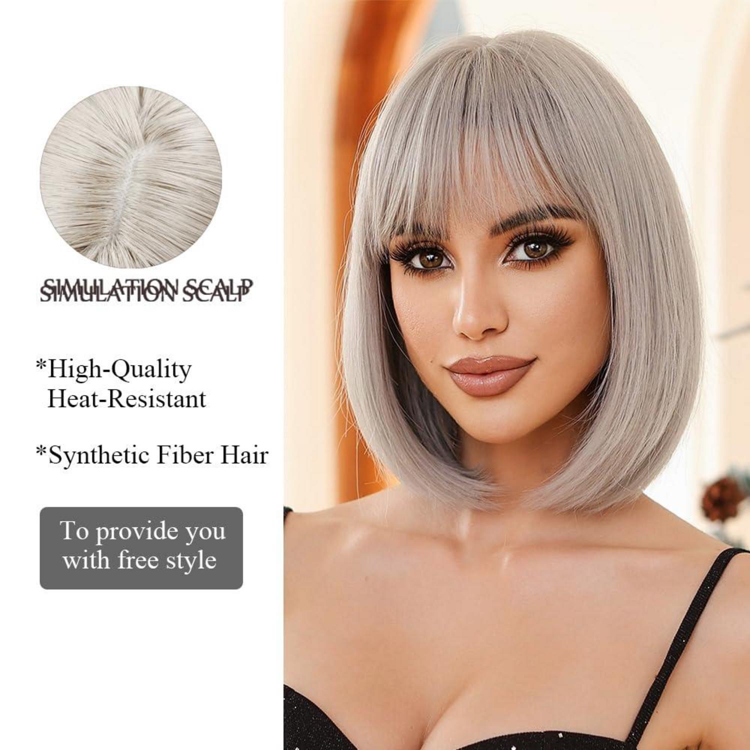 Platinblonde Bob Perücke mit Pony - Kurz Gerade für Cosplay und Partys