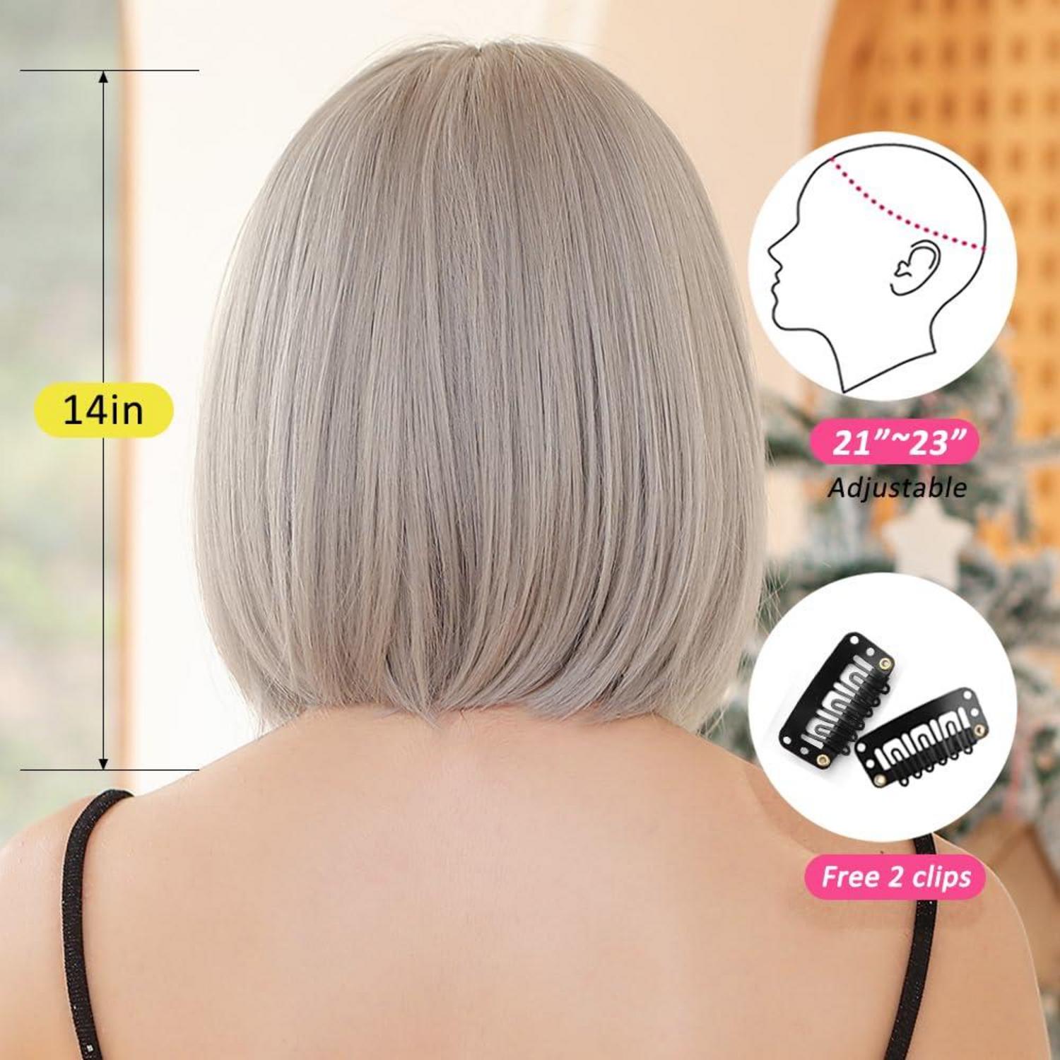 Platinblond Bob Perücke mit Pony für Frauen Synthetisches Haar Cosplay Party Kurz gerade Perücke