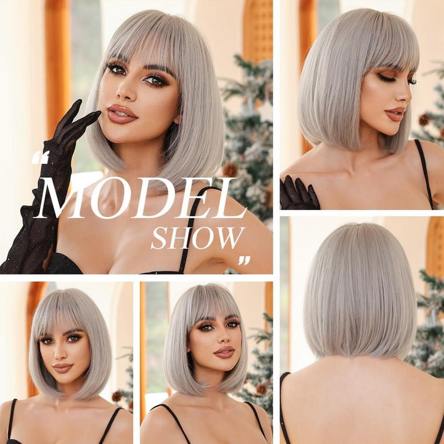 Platinblond Bob Perücke mit Pony Synthetisches Haar Frauen kurz gerade Cosplay