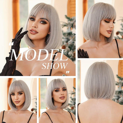 Platinblond Bob Perücke mit Pony Synthetisches Haar Frauen kurz gerade Cosplay