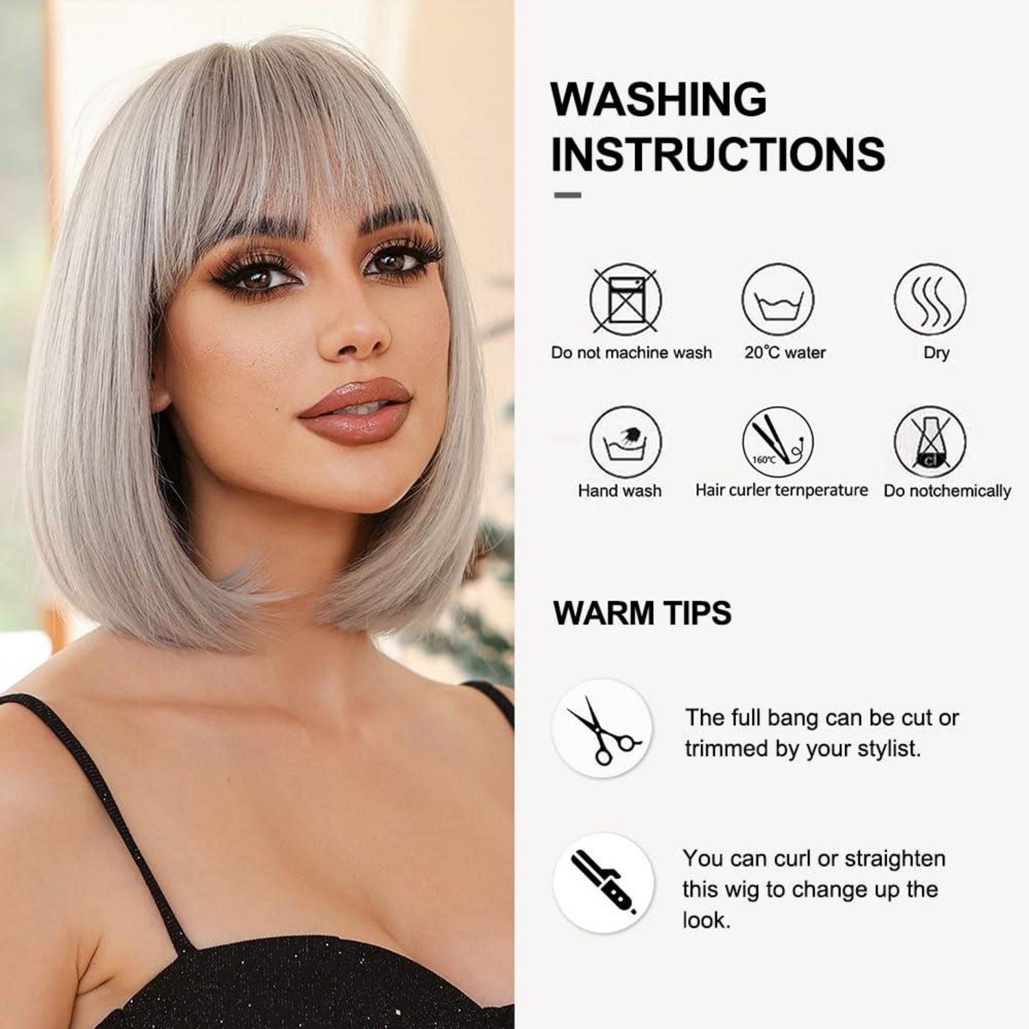 Platinblond Bob Perücke mit Pony Kurz Gerade Synthetisches Haar für