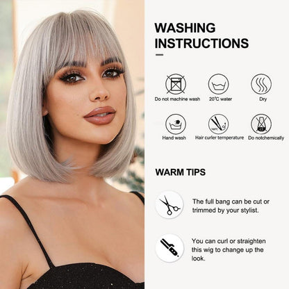 Platinblond Bob Perücke mit Pony Kurz Gerade Synthetisches Haar für