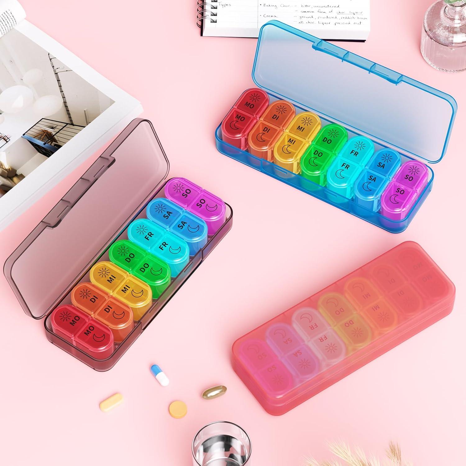 Tablettenbox 7 Tage Medikamentenbox 14 Fächer Pillendose tragbar Rosa