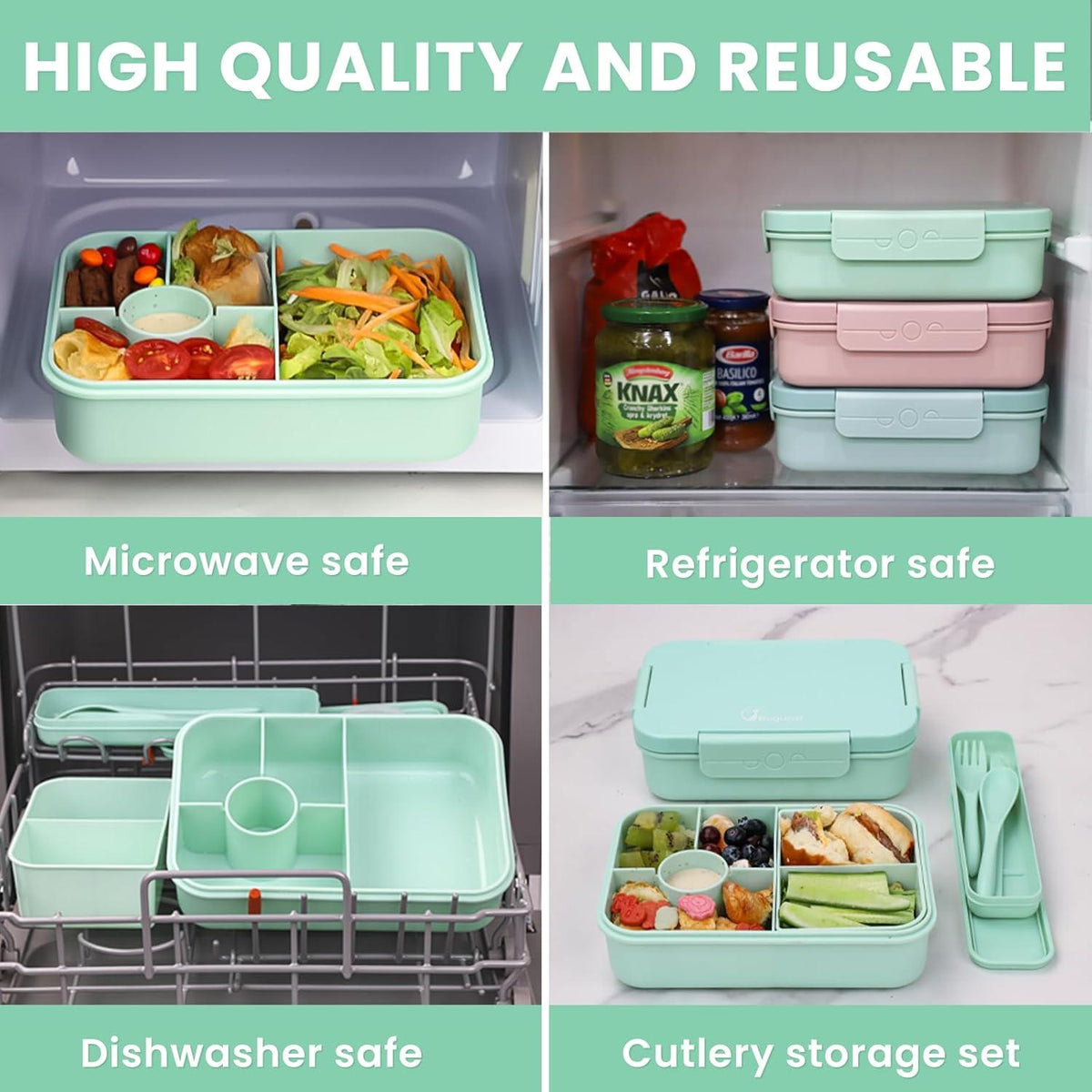 Lunchbox Kinder 5 Fächer 1300ML Auslaufsicher Bento Box Besteck Grün
