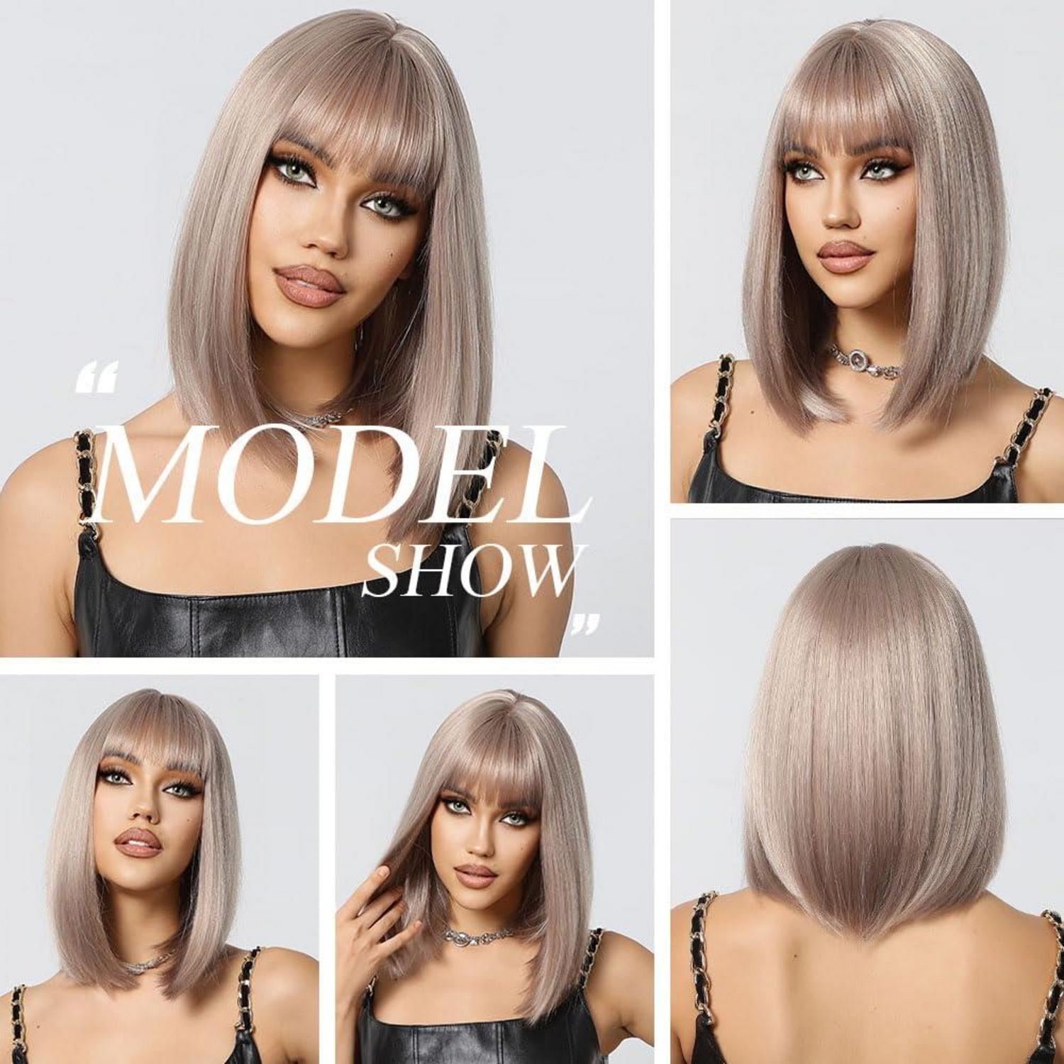 Aschblond Bob Perücke mit Pony Kurz Synthetisches Haar Cosplay