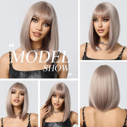Aschblond Bob Perücke mit Pony Kurz Synthetisches Haar Cosplay