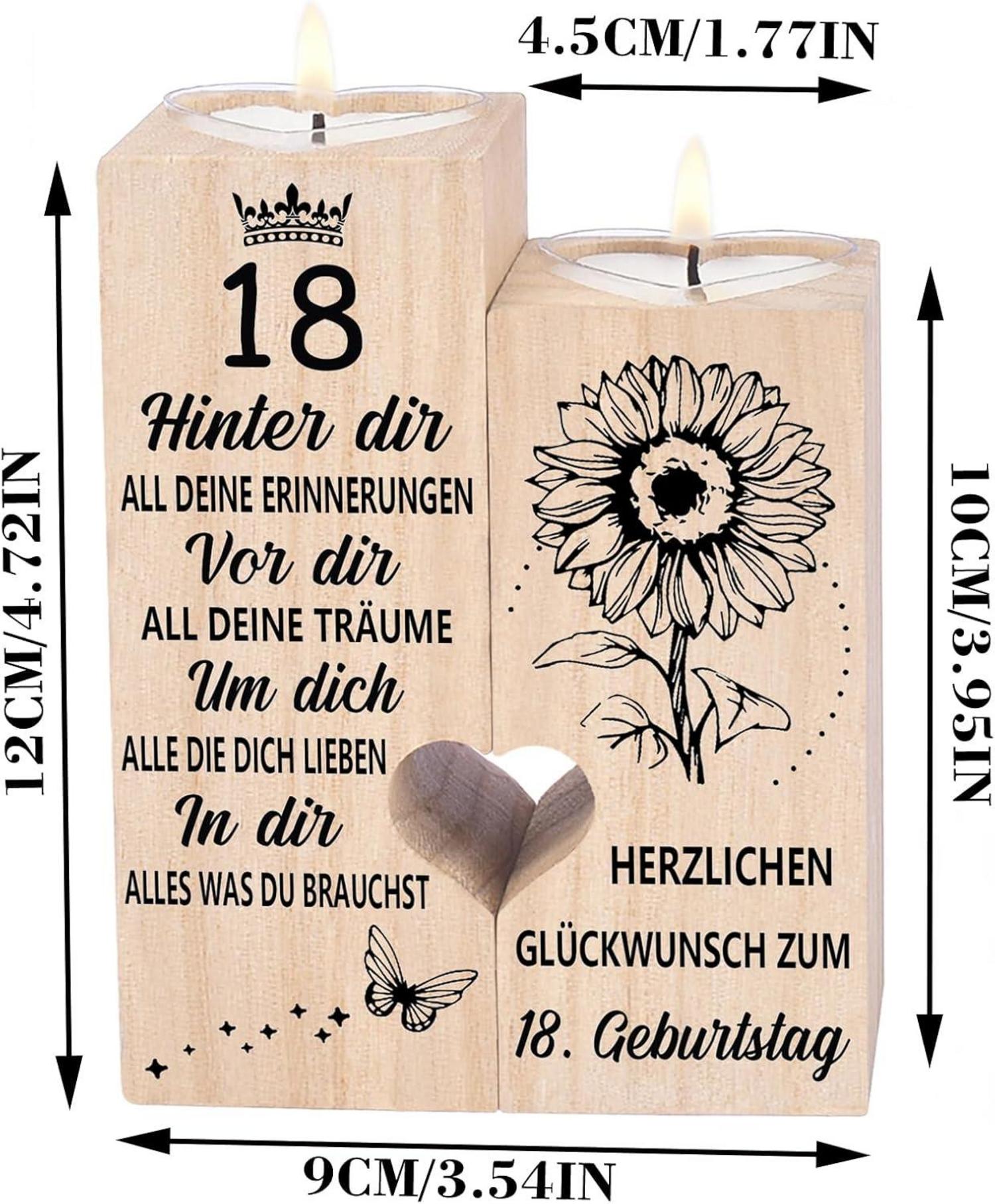 18. Geburtstag Kerzenhalter aus Holz mit Lasergravur und Herzdesign