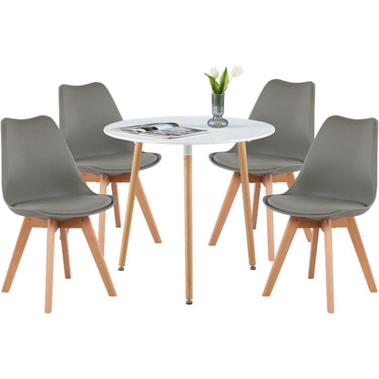 Runder Esstisch Set für 4 Personen – Weißer Tisch & Grau Stühle