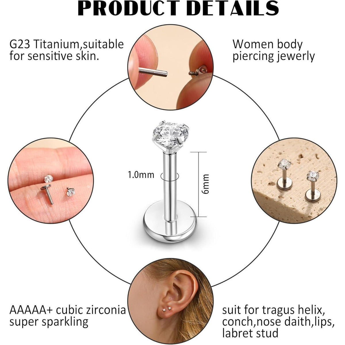 Titan Piercing Set 18G/16G – Labret, Lippen, Nasen, Ohrstecker