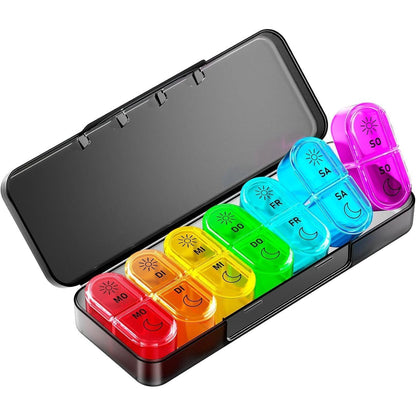 7-Tage Tablettenbox Morgens Abends, Pillendose mit 14 Fächern, Schwarz