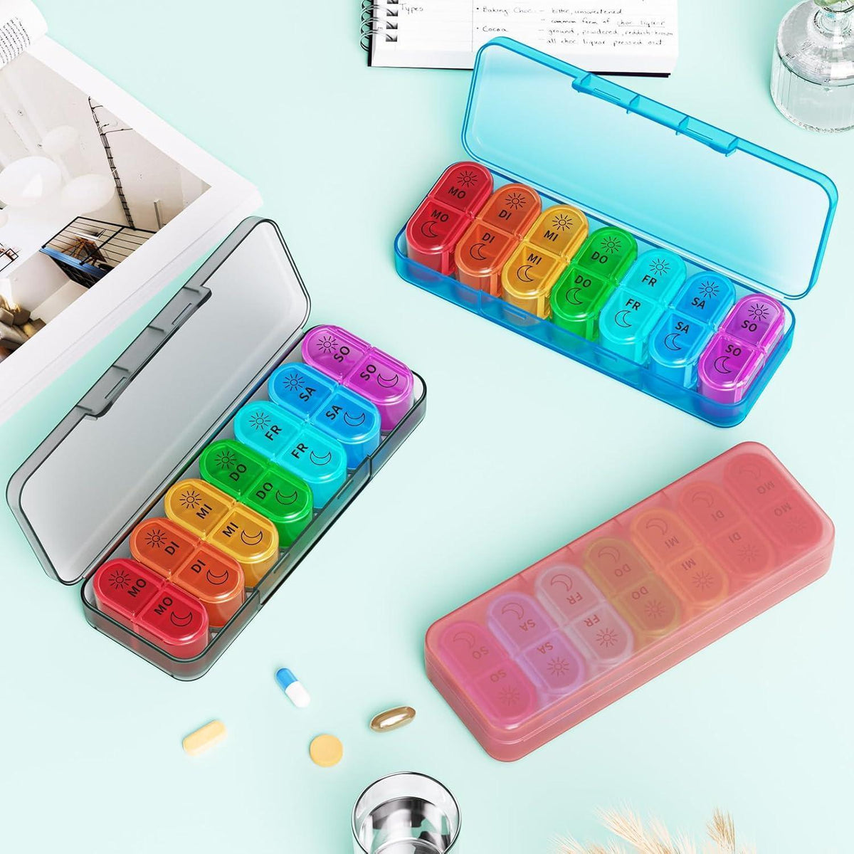 7-Tage Tablettenbox Morgens Abends, Pillendose mit 14 Fächern, Schwarz
