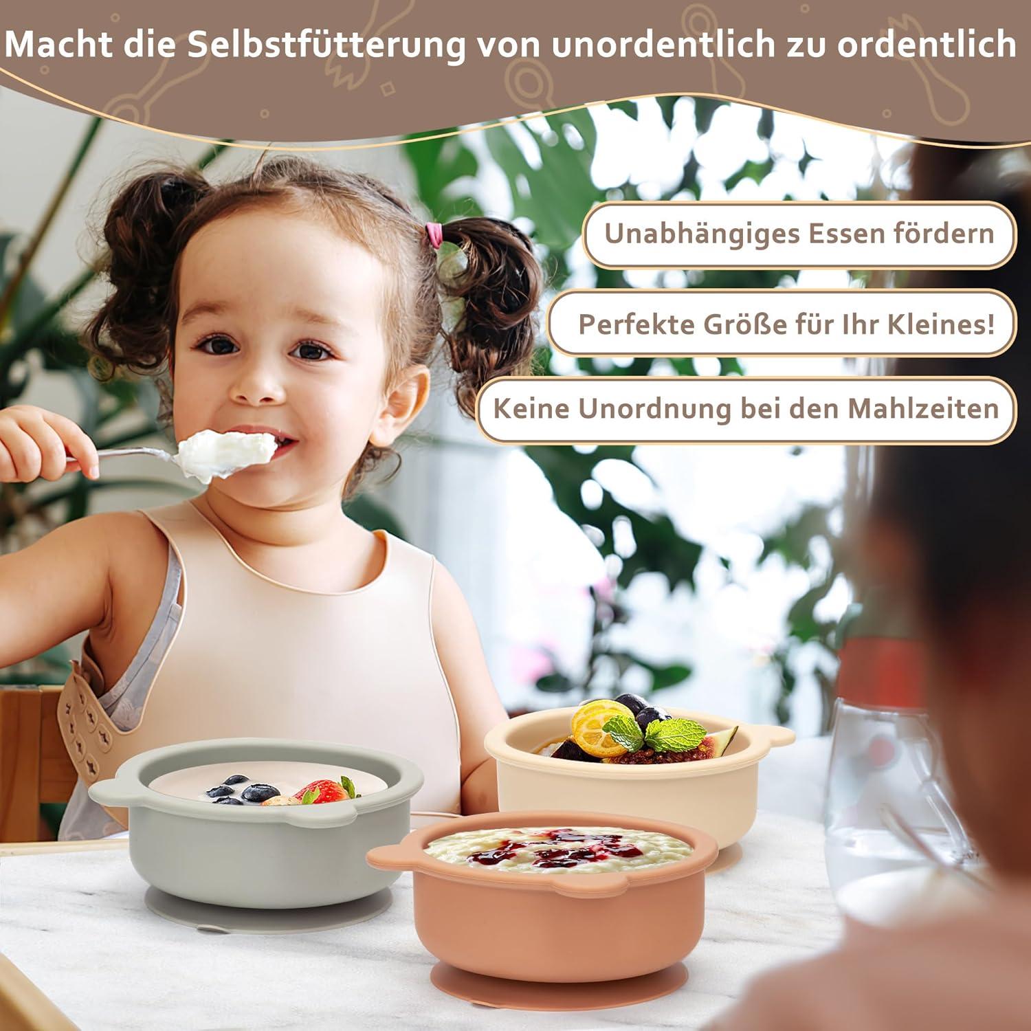 3er Set Silikon Baby Schüssel mit Saugnapf und Bären-Design, BPA-frei
