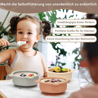 3er Set Silikon Baby Schüssel mit Saugnapf und Bären-Design, BPA-frei