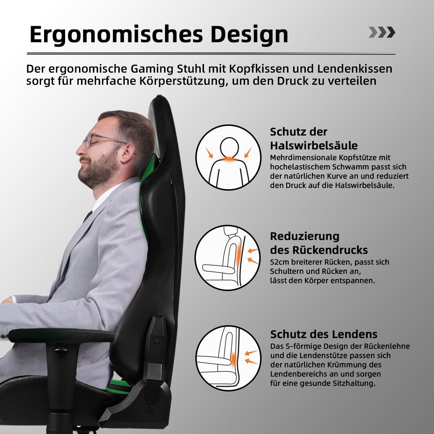 Gaming Stuhl Bürostuhl mit Wippfunktion bis 170°, ergonomisch, verstellbare Lendenkissen, Kopfstütze, gepolstert, 150 kg