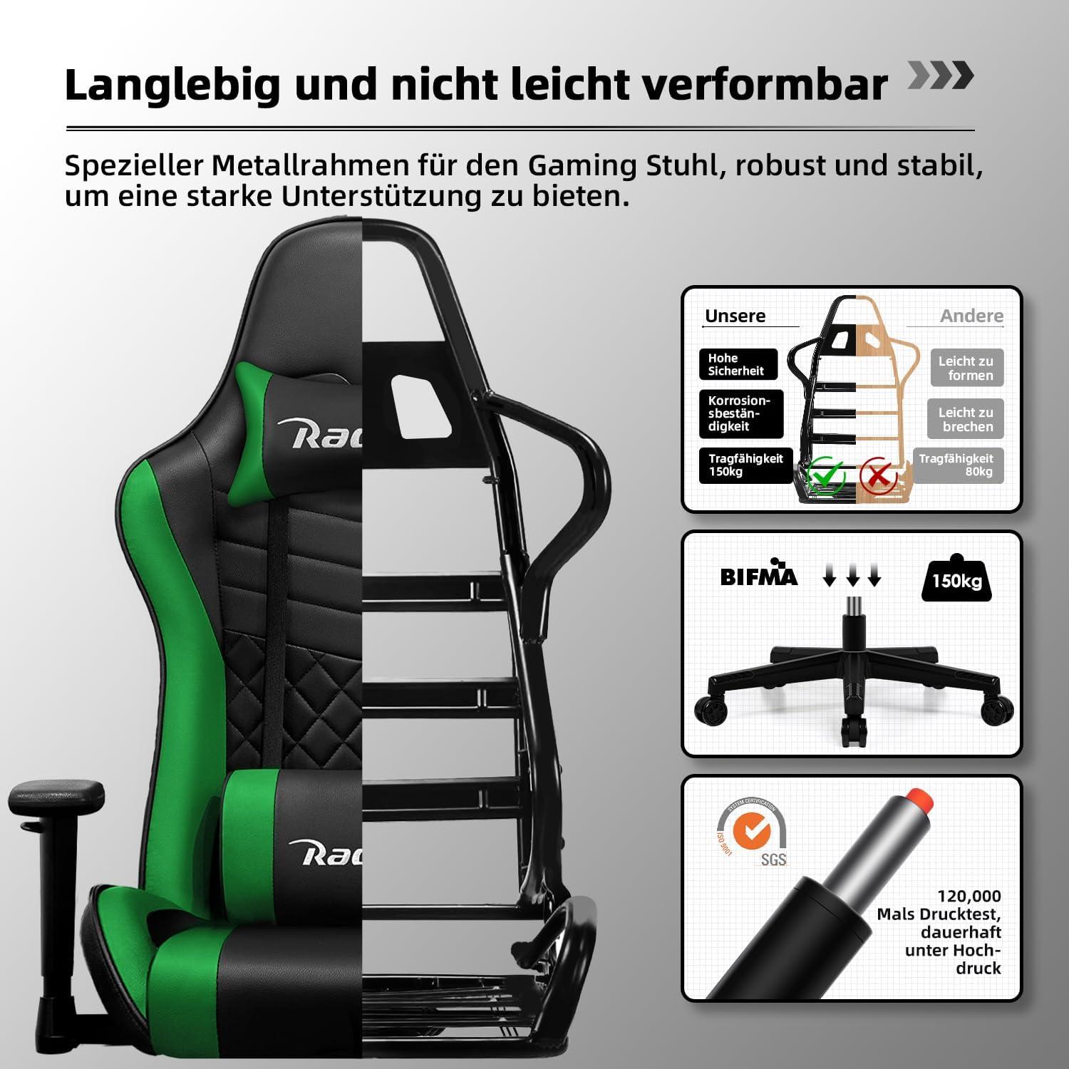 Gaming Stuhl Bürostuhl mit Wippfunktion bis zu 170° ergonomisch Lendenkissen