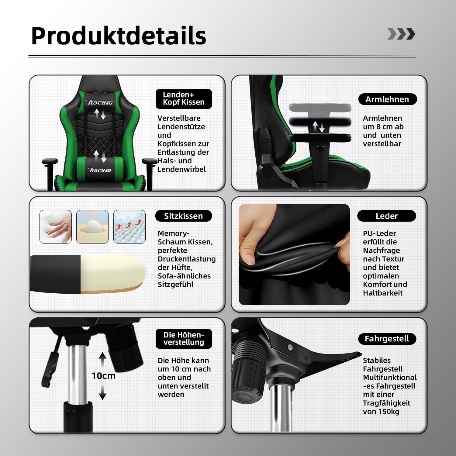 Gaming Stuhl Bürostuhl mit Wippfunktion bis zu 170° ergonomisch Lendenkissen