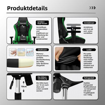 Gaming Stuhl Bürostuhl mit Wippfunktion bis zu 170° ergonomisch Lendenkissen
