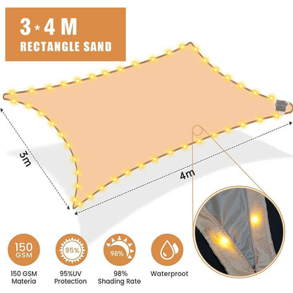 Premium Sonnensegel Wasserdicht 3x4m mit Solar Lichterkette