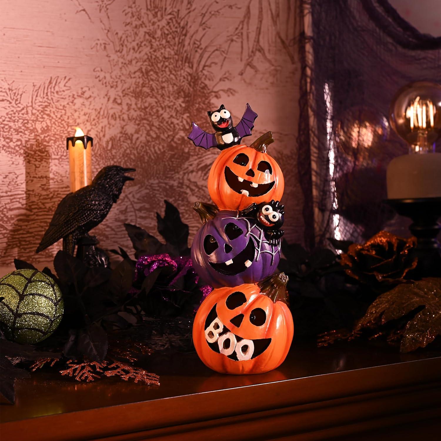 Halloween Deko Harz Kürbis Figur LED 25cm Tisch Ornamente
