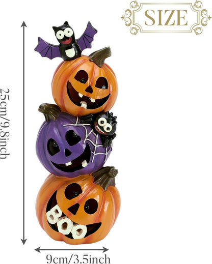 Halloween Deko 25cm Harz Kürbis Figur mit LED Licht und Fledermäusen