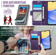 Samsung Galaxy A15 Handyhülle RFID Schutz Lila PU Leder