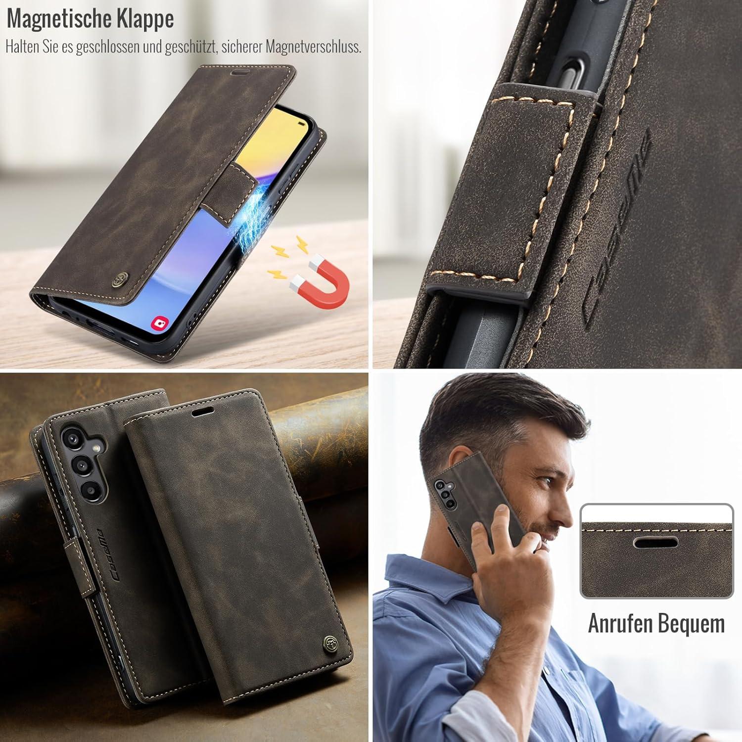 Samsung Galaxy A15 RFID Schutzhülle Kaffee 3 Kartenfächer Wildleder Walnuss
