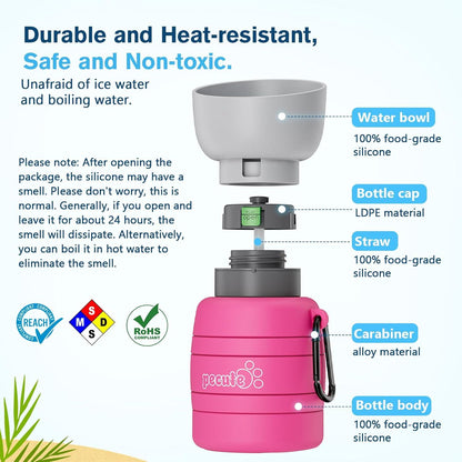 Hundewasserflasche faltbar Trinkflasche Hunde 5 Kapazitätsstufen rosa
